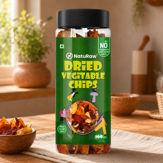 NatuRaw dried vegetable chips healthy snack jar made with real vegetables, no preservatives, gluten-free natural snack in India