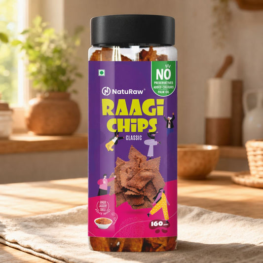 Naturaw Ragi chips classic in jar packaging placed on kitchen counter