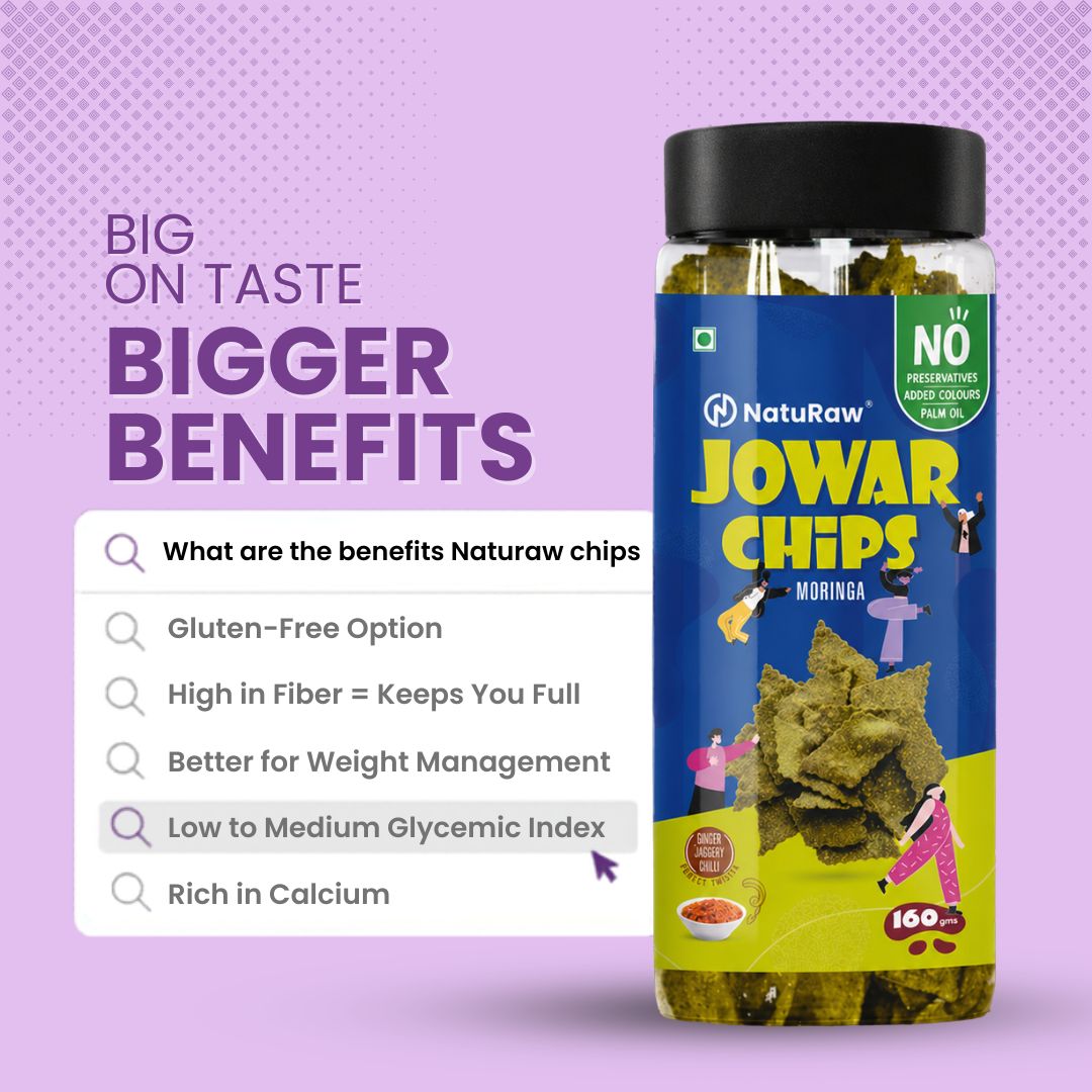 Benefits of NatuRaw jowar chips including gluten free high fiber weight management healthy snack