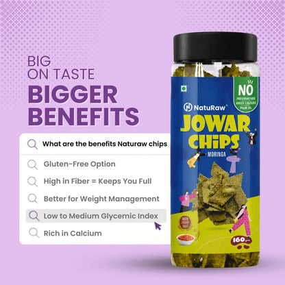 Benefits of NatuRaw jowar chips including gluten free high fiber weight management healthy snack