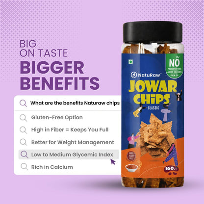Health benefits of NatuRaw Jowar Chips showing gluten free high fiber low glycemic healthy snack option
