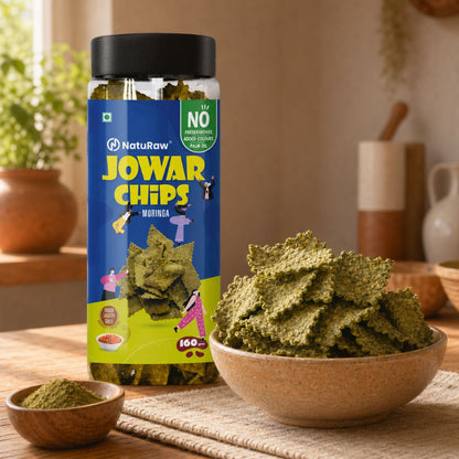 NatuRaw jowar chips served in bowl healthy natural snack made from millets and moringa
