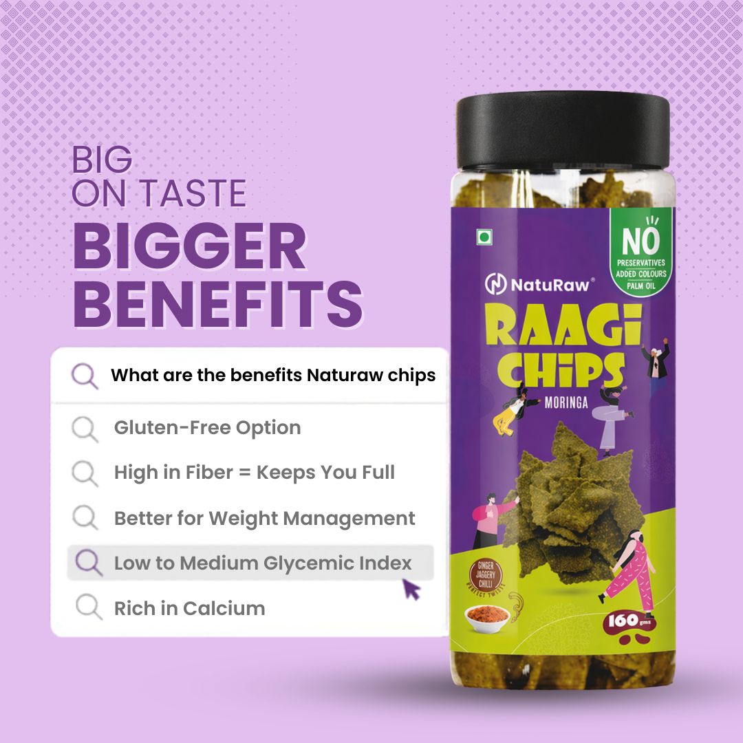 NatuRaw ragi chips benefits showing gluten free, high fiber, low glycemic index and rich in calcium healthy snack option