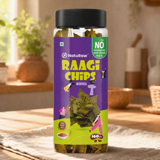 NatuRaw ragi chips moringa flavor in a jar, healthy millet snack with no preservatives, palm oil free and gluten-free option