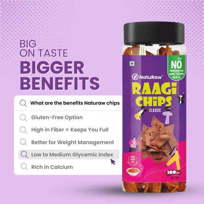 Naturaw Ragi chips health benefits infographics with product jar.