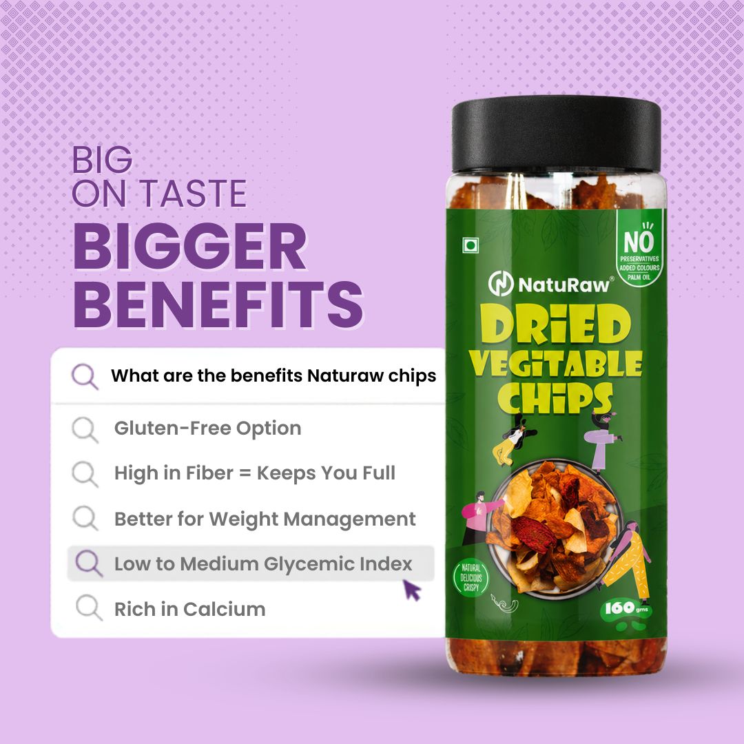 Benefits of NatuRaw vegetable chips including gluten-free, high fiber, low glycemic index healthy snack option